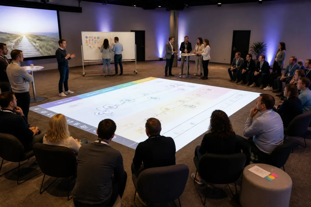 spreker in congreszaal bespreekt op de vloer geprojecteerde customer journey-kaart met groep deelnemers in verschillende