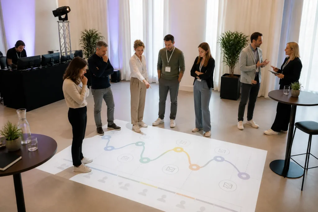 groep mensen bespreekt met spreker een op de vloer geprojecteerde customer journey-kaart in congresruimte