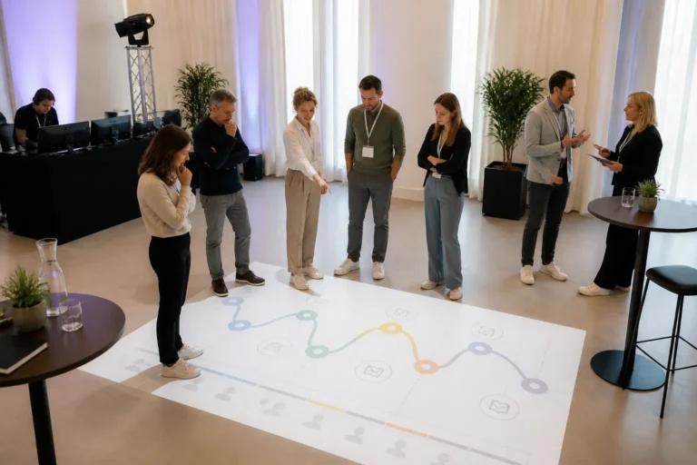 groep mensen bespreekt met spreker een op de vloer geprojecteerde customer journey-kaart in congresruimte