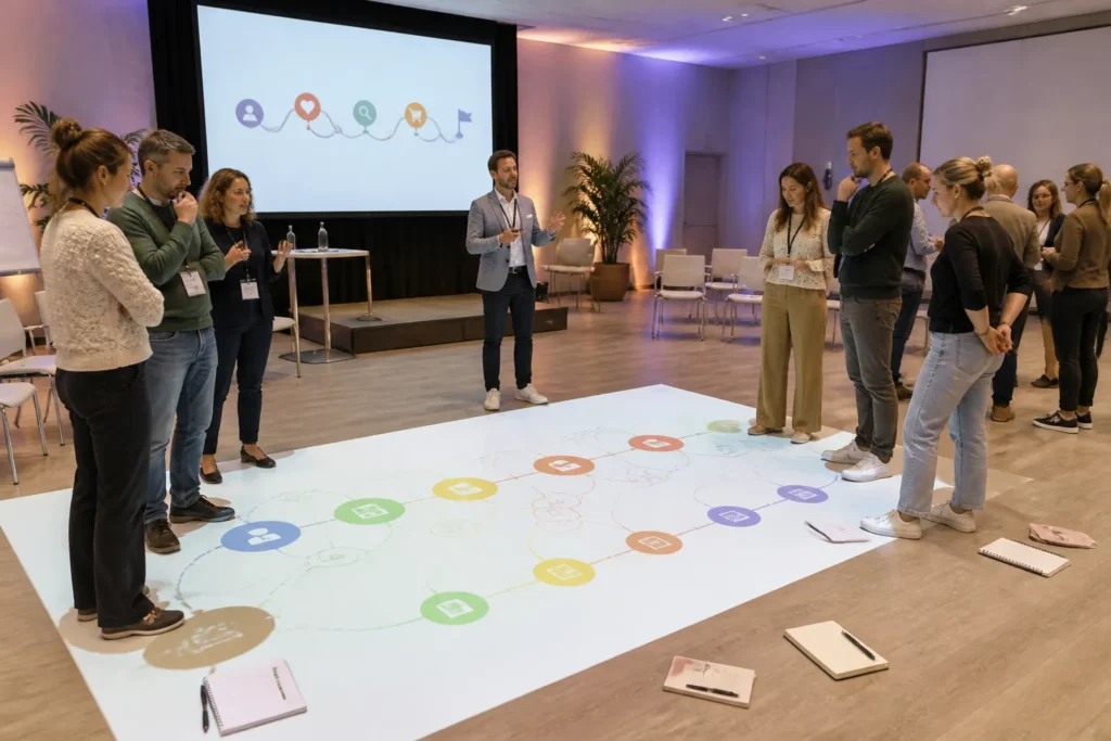 spreker legt klantreis uit terwijl deelnemers om een geprojecteerde customer journey-kaart op de vloer staan