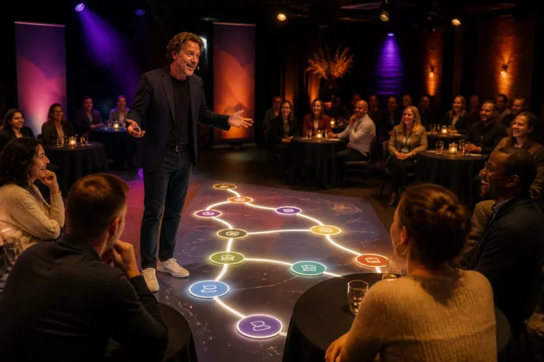 spreker over klantgerichtheid loopt langs verlichte customer journey-kaart tussen lachend publiek op event