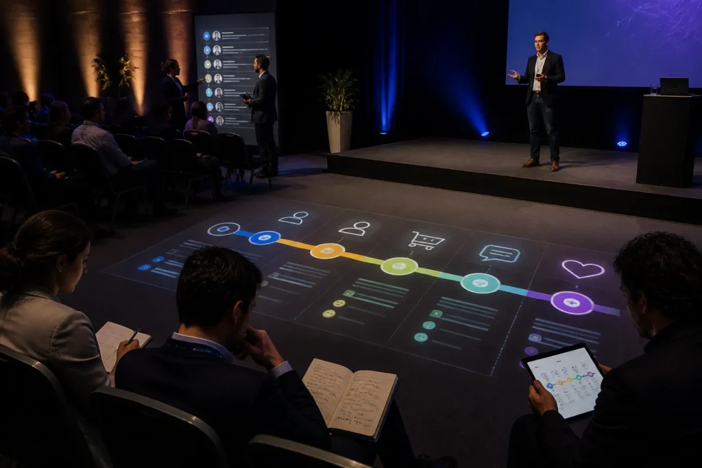 congreszaal met spreker naast geprojecteerde customer journey op de vloer en organisatoren die opties bespreken